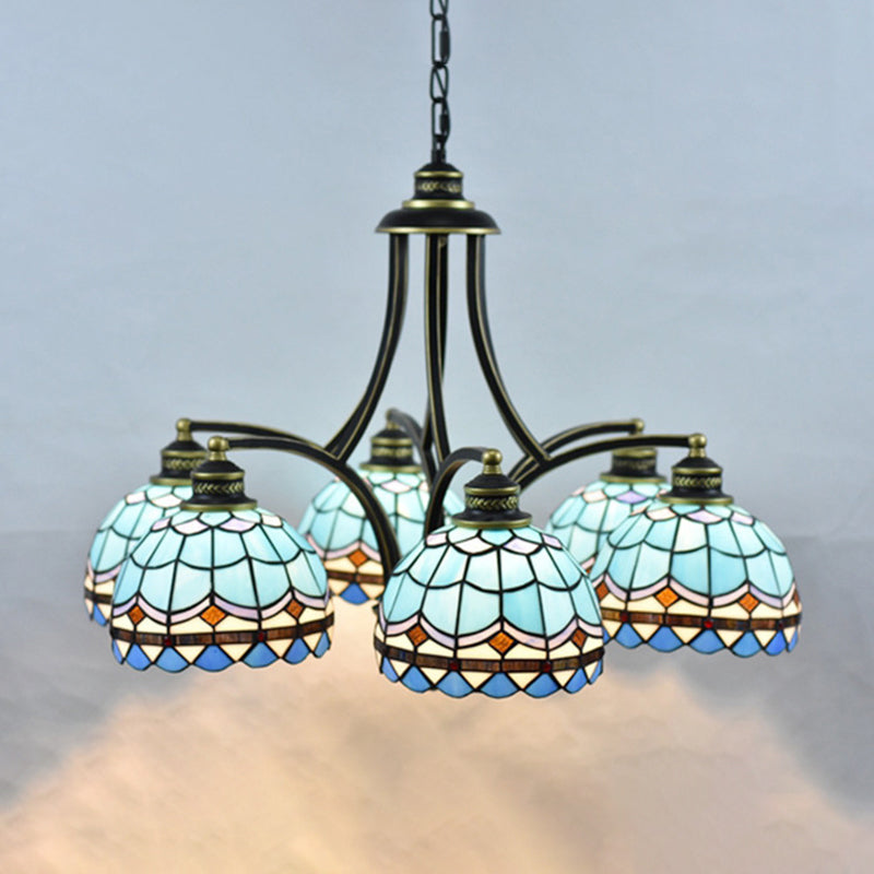 Lampadario in vetro blu color tiffany tiffany a 6 luci 2 23,5 ", ampio soggiorno appeso alla catena regolabile