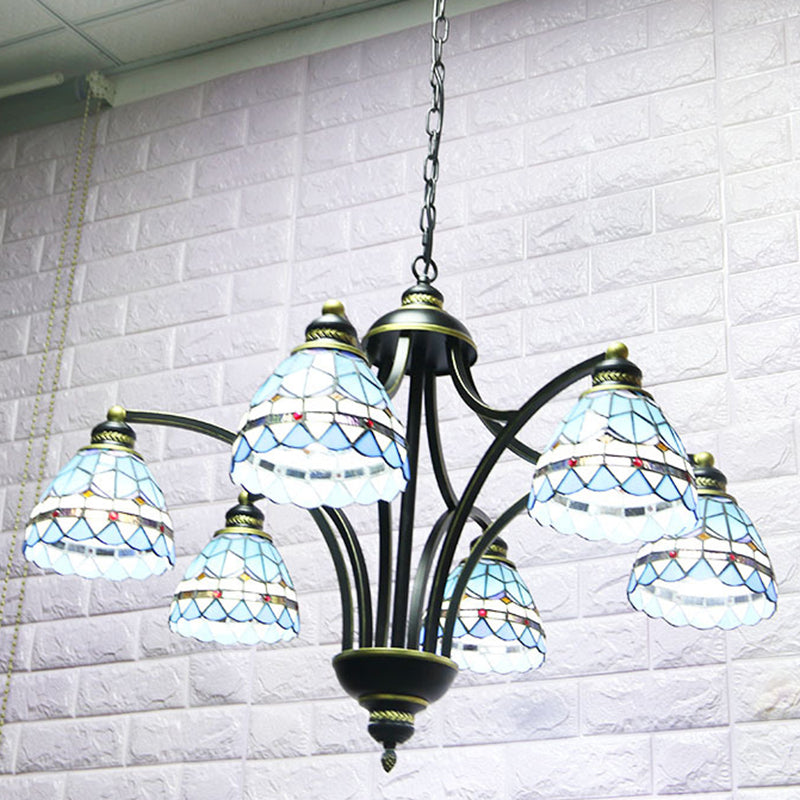 Lampadario in vetro blu color tiffany tiffany a 6 luci 2 23,5 ", ampio soggiorno appeso alla catena regolabile