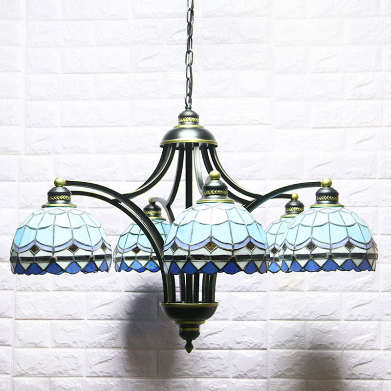 Lampadario in vetro blu color tiffany tiffany a 6 luci 2 23,5 ", ampio soggiorno appeso alla catena regolabile