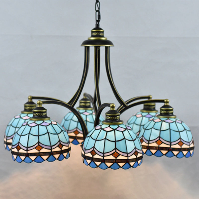Lampadario in vetro blu color tiffany tiffany a 6 luci 2 23,5 ", ampio soggiorno appeso alla catena regolabile