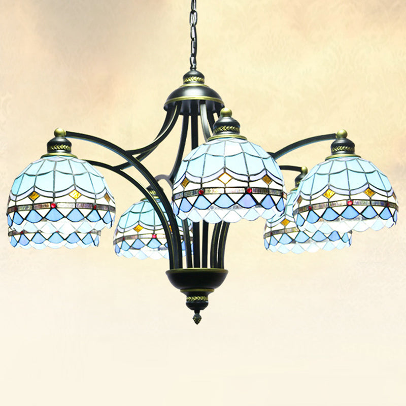 Lampadario in vetro blu color tiffany tiffany a 6 luci 2 23,5 ", ampio soggiorno appeso alla catena regolabile