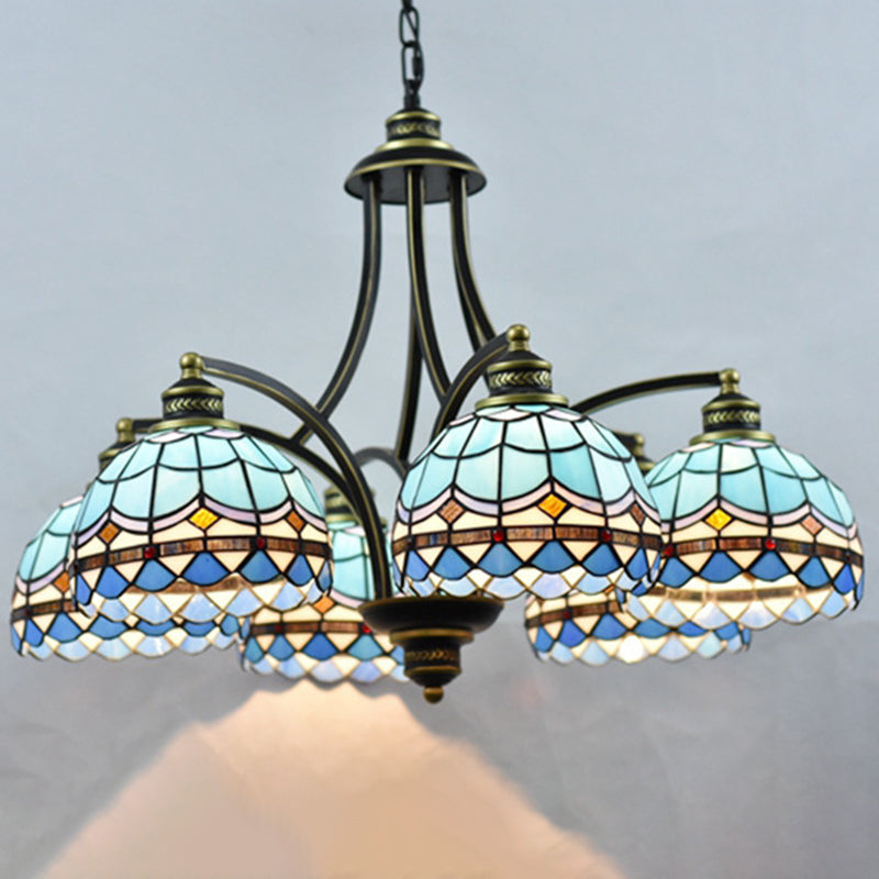 Lampadario in vetro blu color tiffany tiffany a 6 luci 2 23,5 ", ampio soggiorno appeso alla catena regolabile
