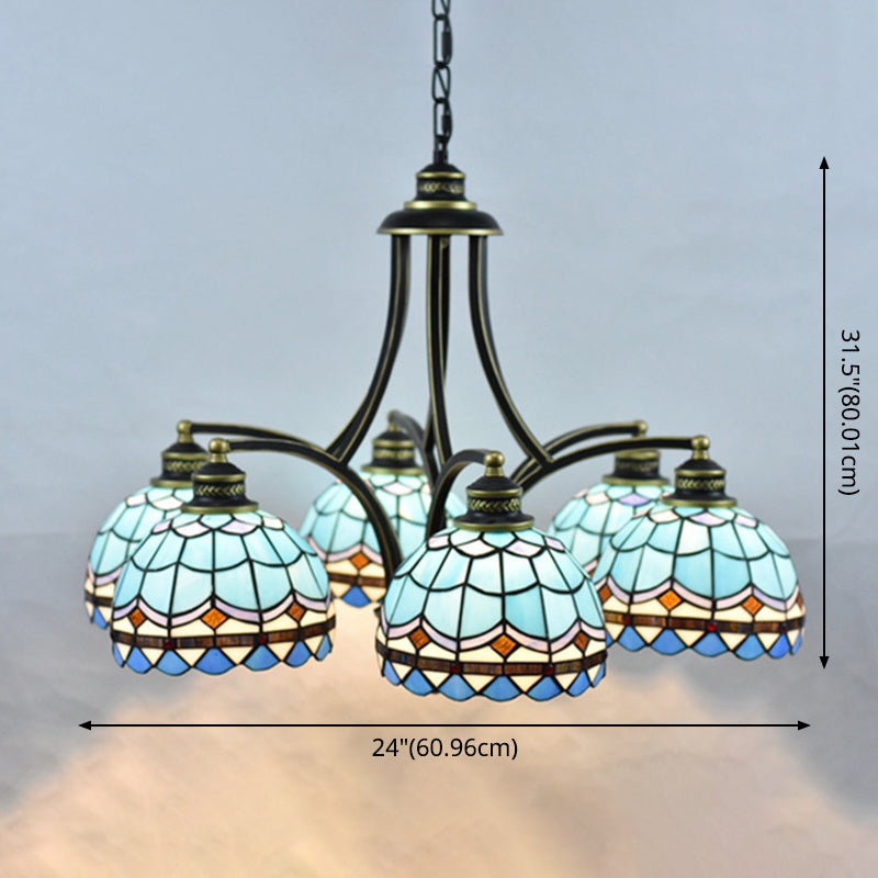 Lampadario in vetro blu color tiffany tiffany a 6 luci 2 23,5 ", ampio soggiorno appeso alla catena regolabile