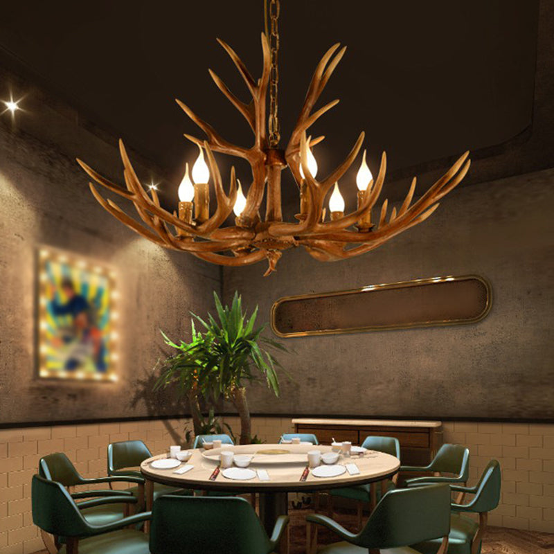 6-Light Original Wood Color Resin Deer Horn Chandelier Retro Rustic Style Candlestick Shape Hanging Pendant Lamp with Adjustable Chain