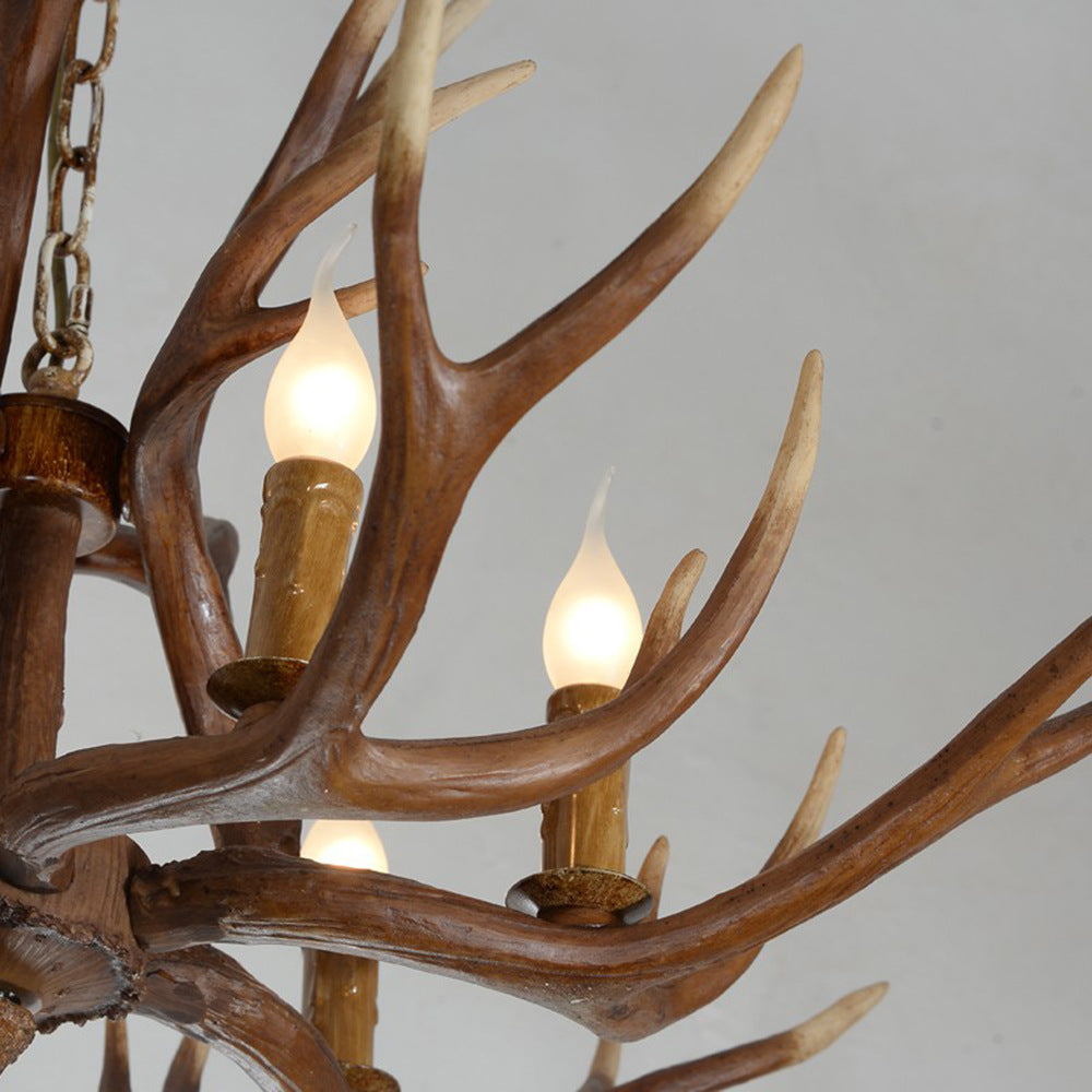 6-Light Original Wood Color Resin Deer Horn Chandelier Retro Rustic Style Candlestick Shape Hanging Pendant Lamp with Adjustable Chain