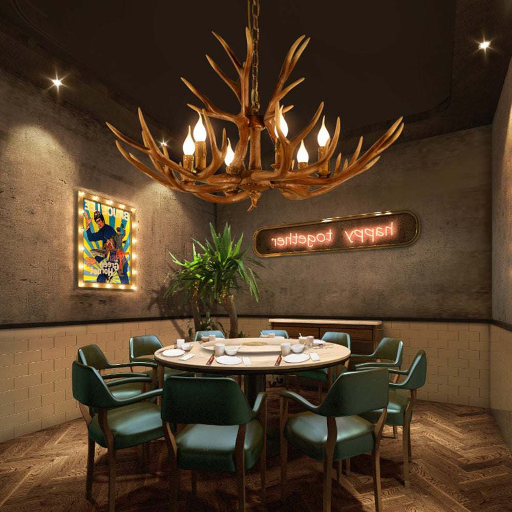 6-Light Original Wood Color Resin Deer Horn Chandelier Retro Rustic Style Candlestick Shape Hanging Pendant Lamp with Adjustable Chain