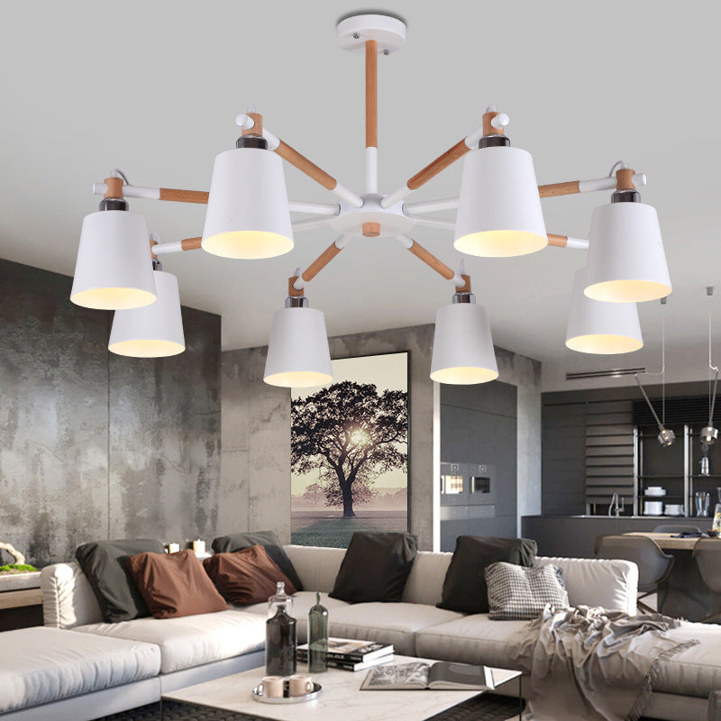 Modern Minimalist Rubber Wood Chandelier Matte Metal Lampshade Pendant Light for Living Room