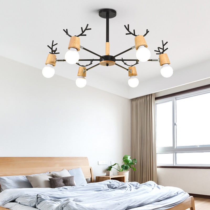Modern Wooden Simplicity Chandelier Exposed Bulb Design Creative Bedroom Hanging Pendant Lights with Antlers Decoration