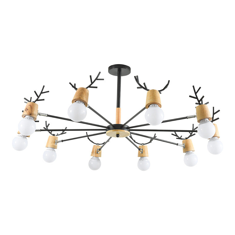 Modern Wooden Simplicity Chandelier Exposed Bulb Design Creative Bedroom Hanging Pendant Lights with Antlers Decoration