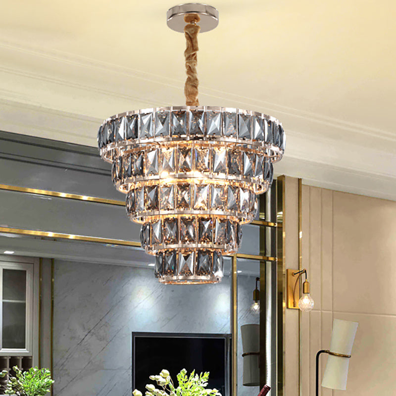Multi Layer Hanging Light Vintage Crystal 3/5 Lights Pendant Light Fixture in Chrome for Dining Room