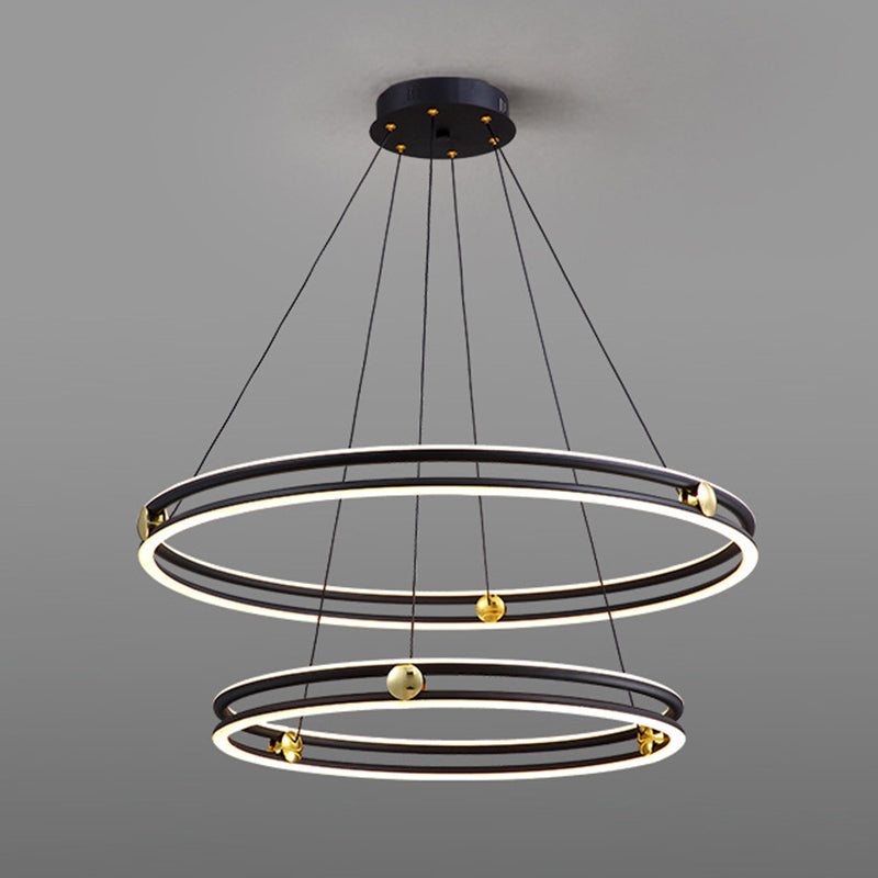 Hollow Ring Shape Hanging Chandelier Light Modern Multi Tiered Black Pendant Lamp with Frosted Silicone Shade