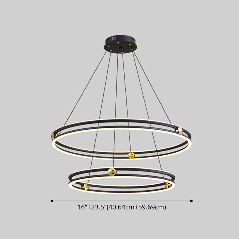 Hollow Ring Shape Hanging Chandelier Light Modern Multi Tiered Black Pendant Lamp with Frosted Silicone Shade