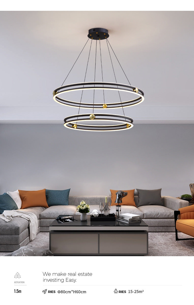 Hollow Ring Shape Hanging Chandelier Light Modern Multi Tiered Black Pendant Lamp with Frosted Silicone Shade