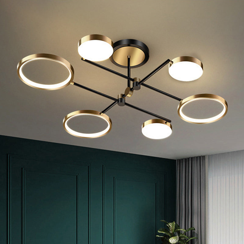 Candelabro de estilo metálico posmoderno, lámpara colgante Art Deco con anillo hueco de aluminio cepillado dorado para sala de estar