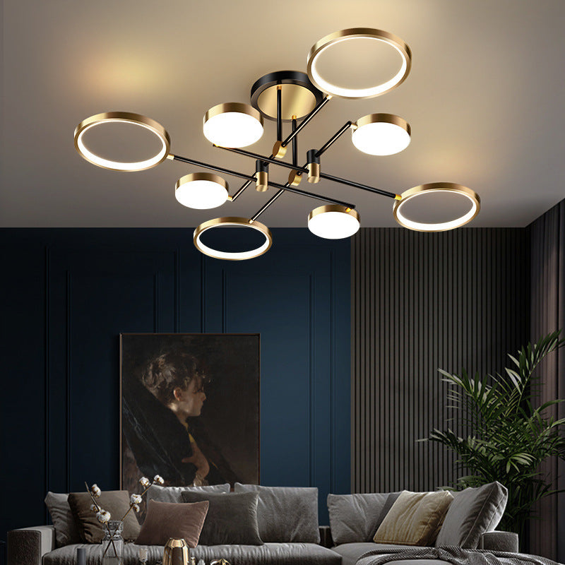 Candelabro de estilo metálico posmoderno, lámpara colgante Art Deco con anillo hueco de aluminio cepillado dorado para sala de estar