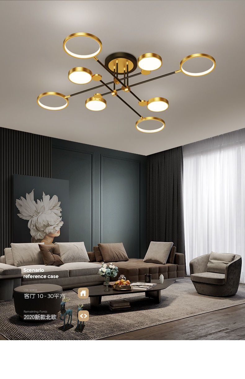 Candelabro de estilo metálico posmoderno, lámpara colgante Art Deco con anillo hueco de aluminio cepillado dorado para sala de estar