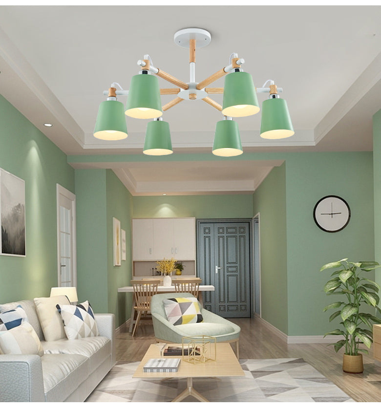 Multi-colored Optional Solid Wood Chandelier Simplicity Modern Living Room Lighting Fixture Lamp with Downward Metal Shade