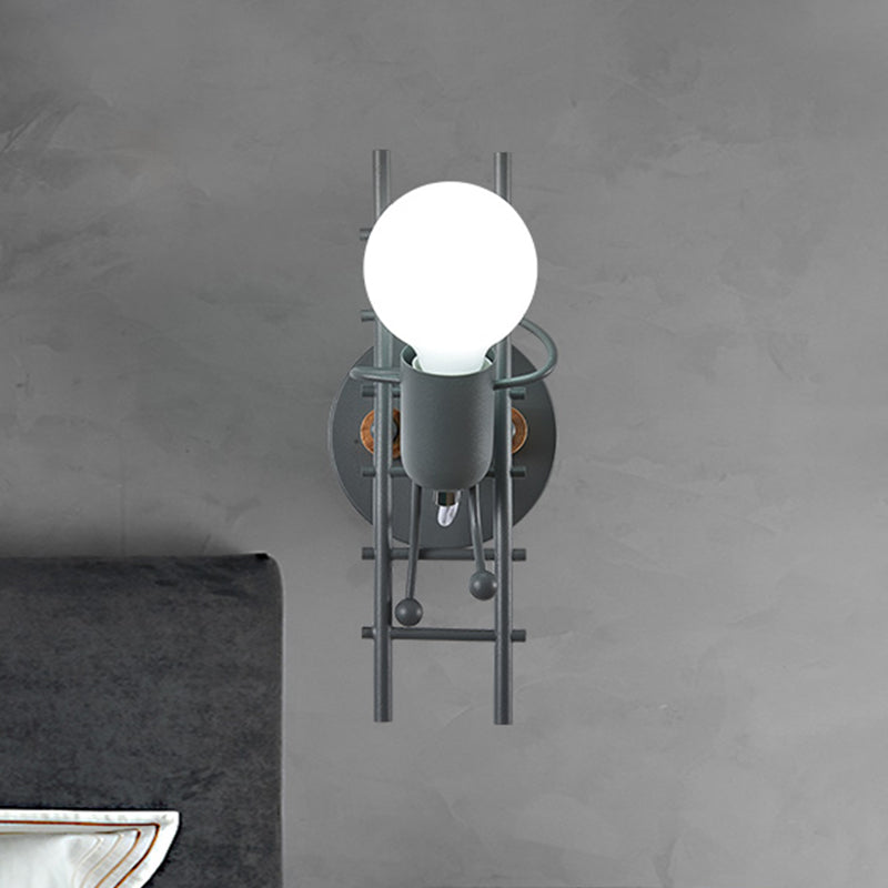Cartoon Bare Bulb Wall Light Fixture Metal Gray/White/Green 1 Head Indoor Wall Mount Light with Little People Decoration