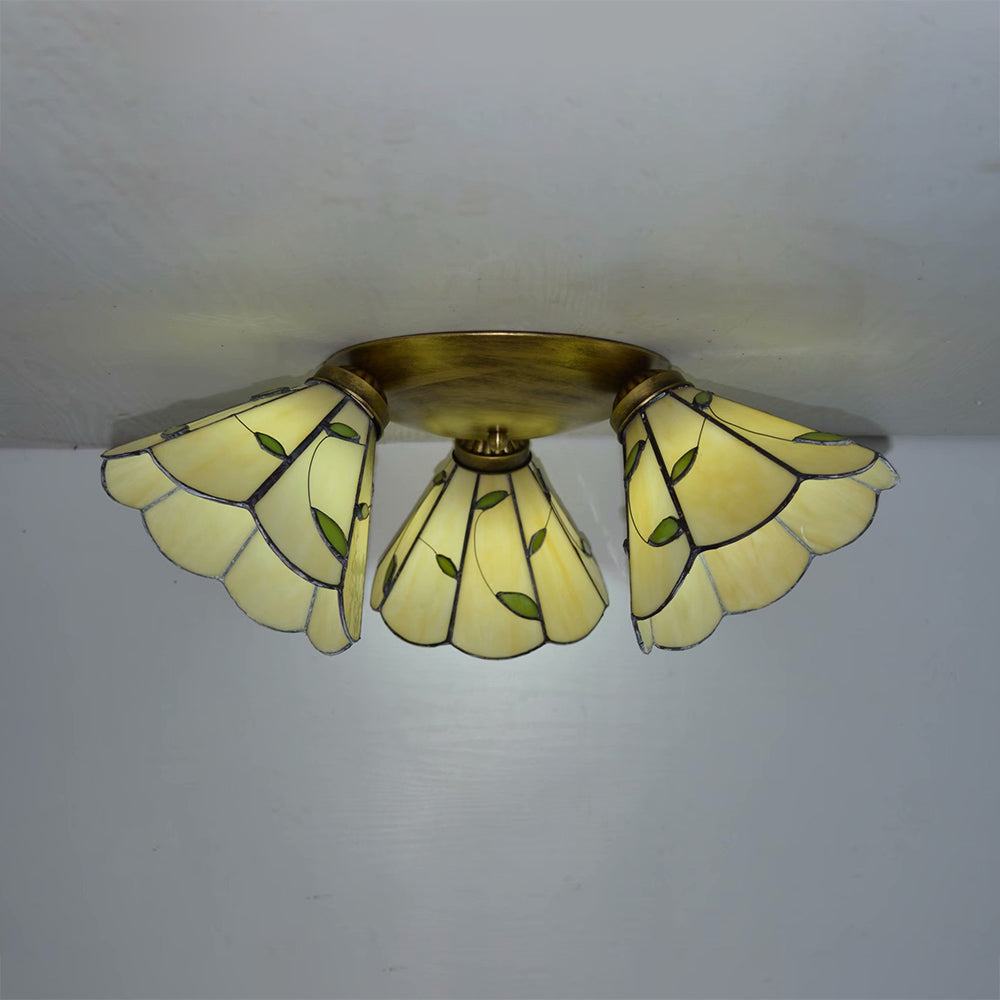 3 Heads Conic Ceiling Light Fixture Tiffany Stained Glass Flushmount Ceiling Light in Pink/Blue/Beige for Bedroom
