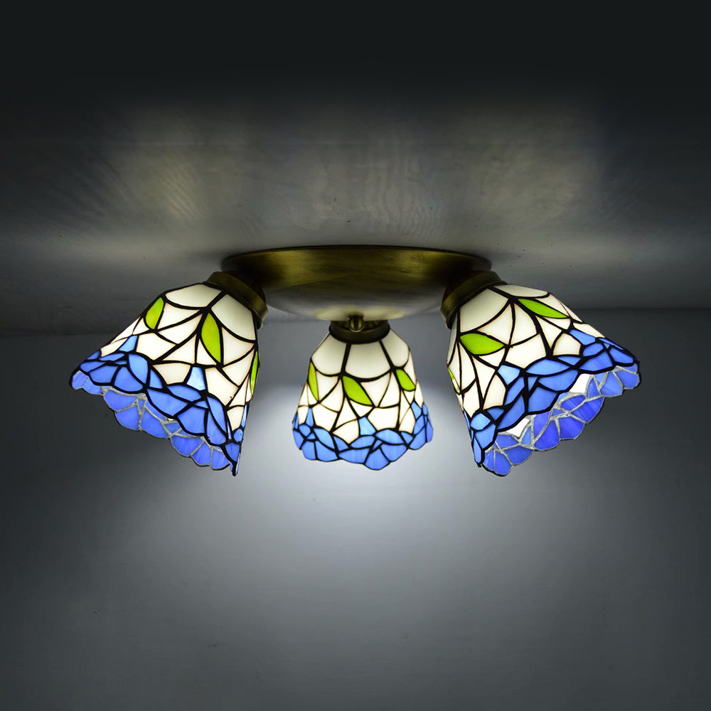 3 Heads Conic Ceiling Light Fixture Tiffany Stained Glass Flushmount Ceiling Light in Pink/Blue/Beige for Bedroom