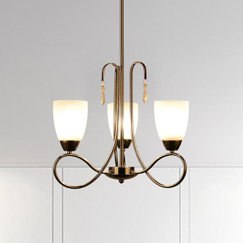 Bell Kronleuchter Lampen Flur 3 Köpfe zeitgenössisches weißes Glashängellicht mit Kristall -Deco in Silber