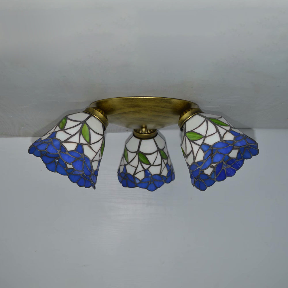 3 Heads Conic Ceiling Light Fixture Tiffany Stained Glass Flushmount Ceiling Light in Pink/Blue/Beige for Bedroom