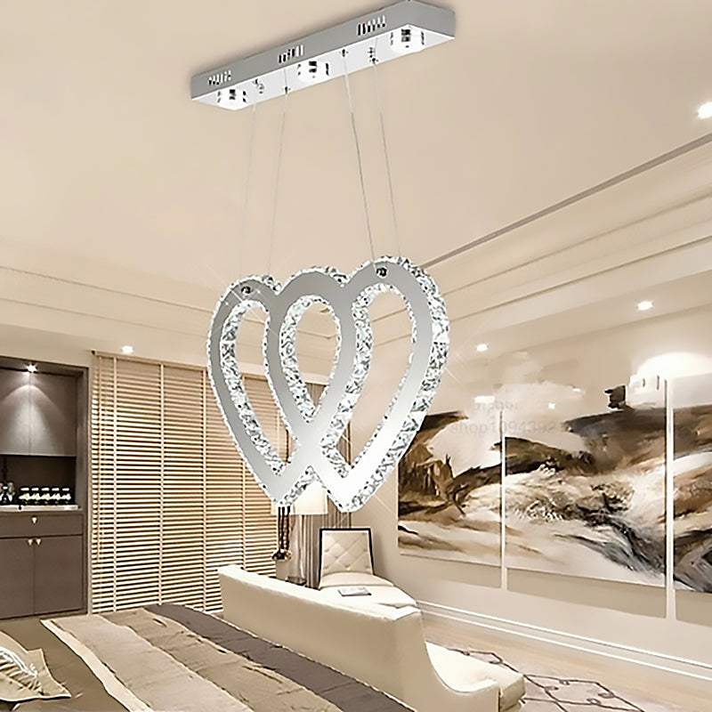 Luz de araña de araña de doble corazón modernista LED colgante de LED en plata para mesa de comedor