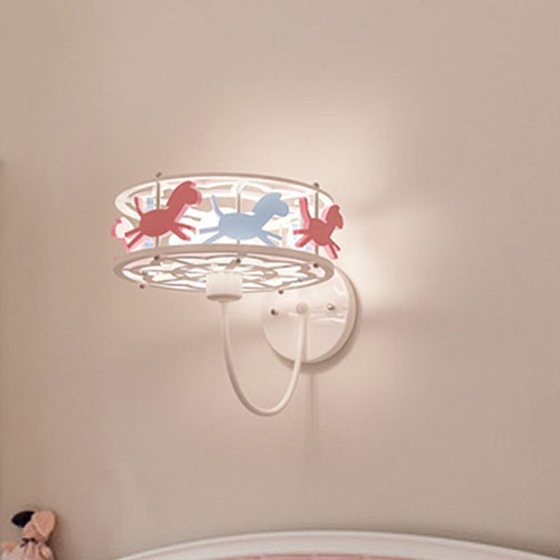 Drum Metal Cage Wall Light Sconce with Cartoon Horse Design Kids 1 Bulb Flush Wall Sconce in Pink