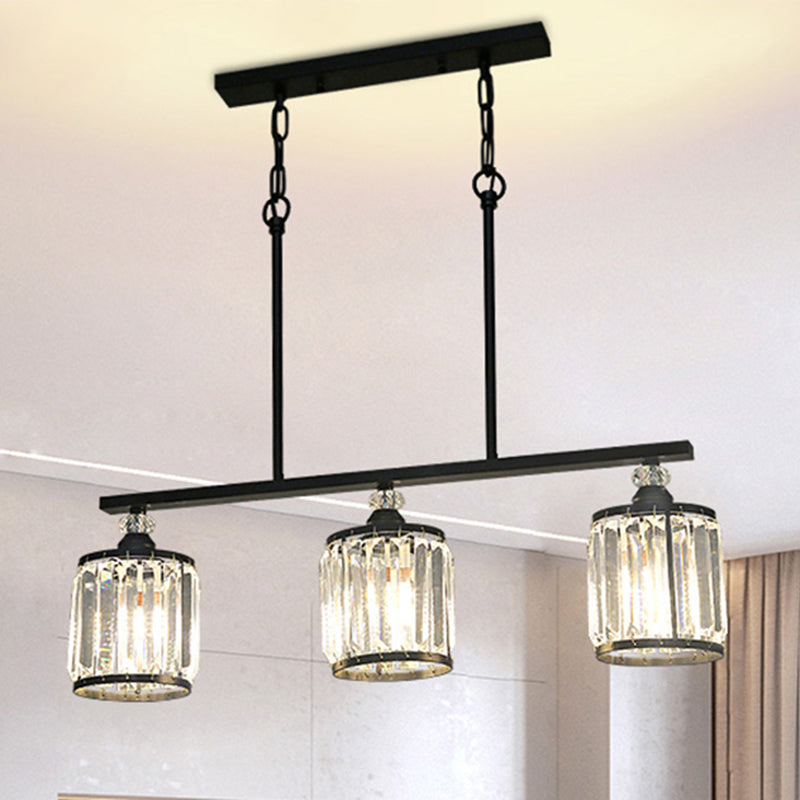 Industrial Cone/Cylinder Island Lighting Clear Crystal 3 Lights Pendant Light in Black for Dining Room
