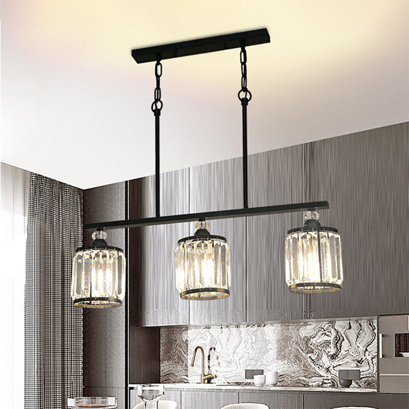 Industrial Cone/Cylinder Island Lighting Clear Crystal 3 Lights Pendant Light in Black for Dining Room