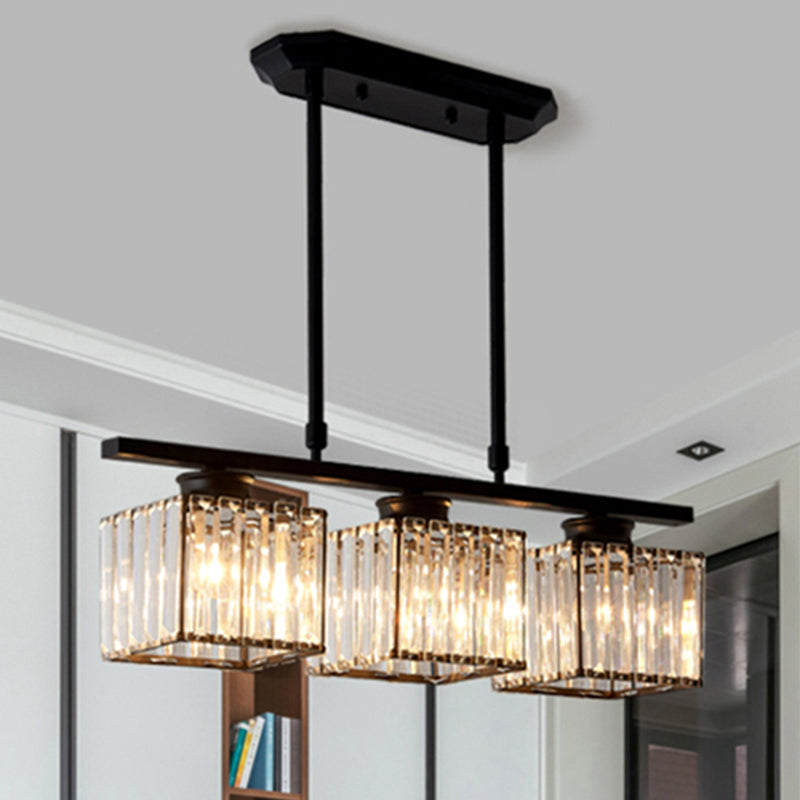 3/4 Lights Square Hanging Ceiling Light Modernism Clear Crystal Dining Room Lighting in Black/Gold