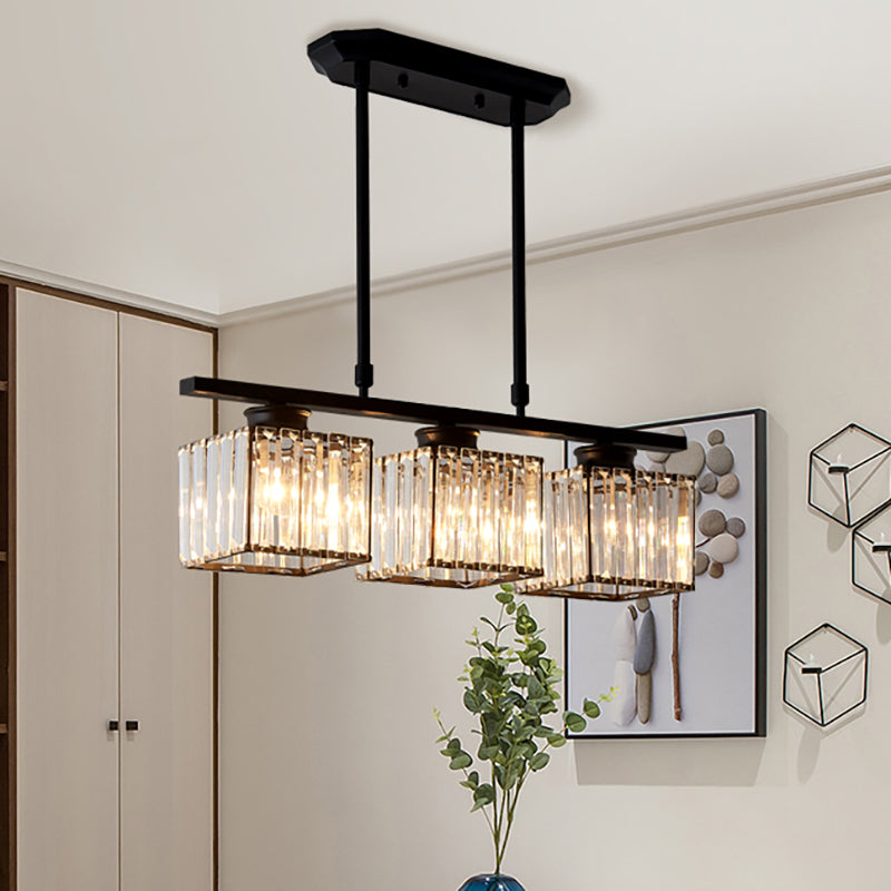 3/4 Lights Square Hanging Ceiling Light Modernism Clear Crystal Dining Room Lighting in Black/Gold