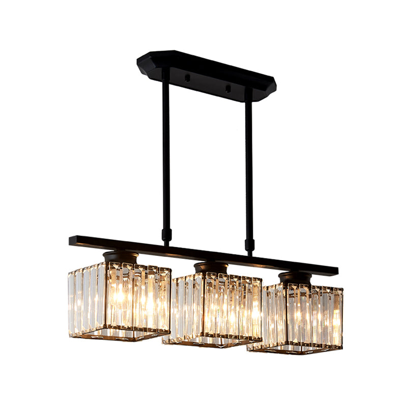 3/4 Lights Square Hanging Ceiling Light Modernism Clear Crystal Dining Room Lighting in Black/Gold