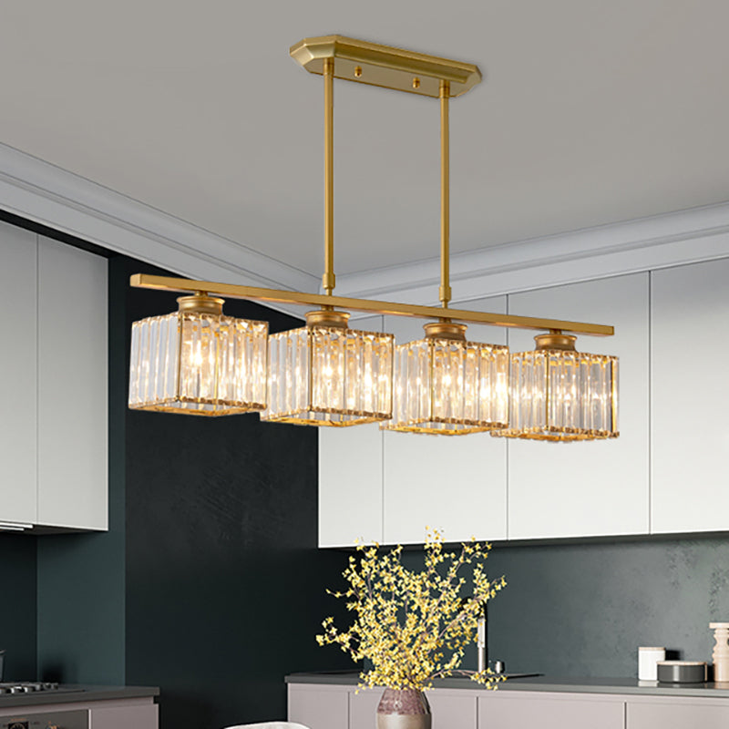 3/4 Lights Square Hanging Ceiling Light Modernism Clear Crystal Dining Room Lighting in Black/Gold