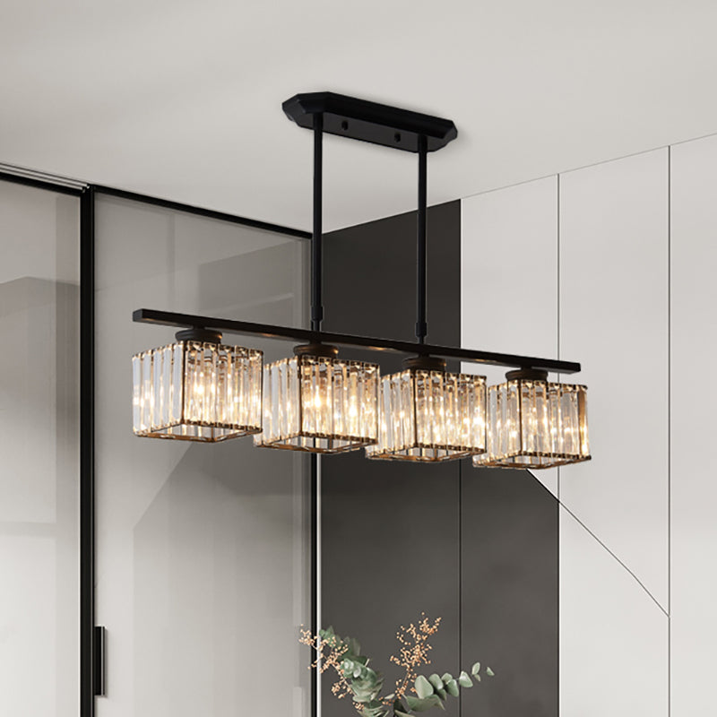 3/4 Lights Square Hanging Ceiling Light Modernism Clear Crystal Dining Room Lighting in Black/Gold