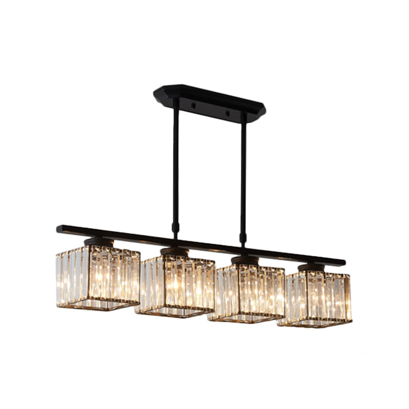3/4 Lights Square Hanging Ceiling Light Modernism Clear Crystal Dining Room Lighting in Black/Gold