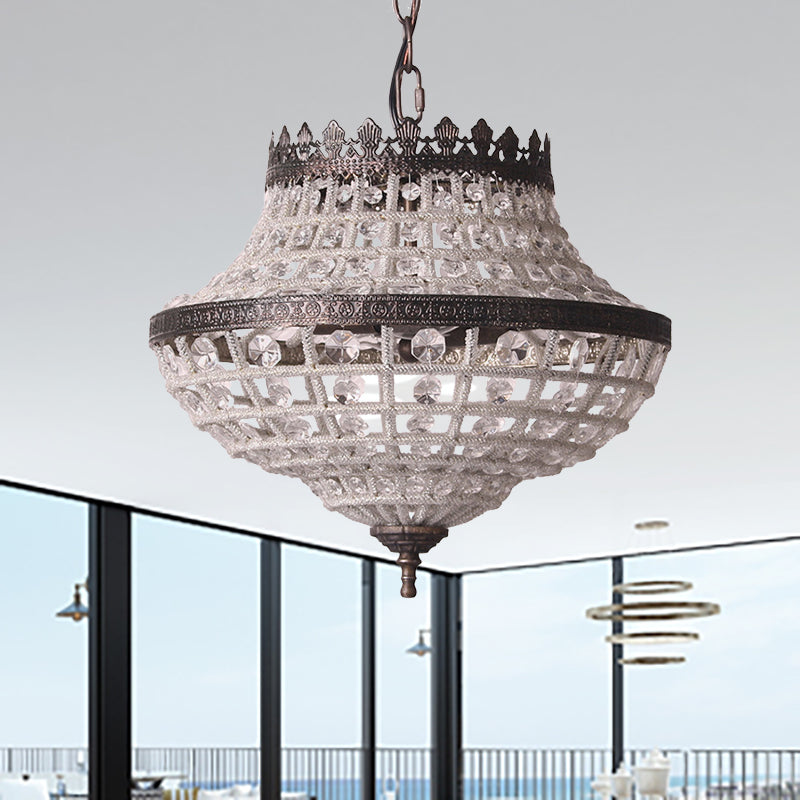 2 Lights Urn Hanging Ceiling Light Vintage Clear Crystal Pendant Lamp in Antique Bronze for Bedroom