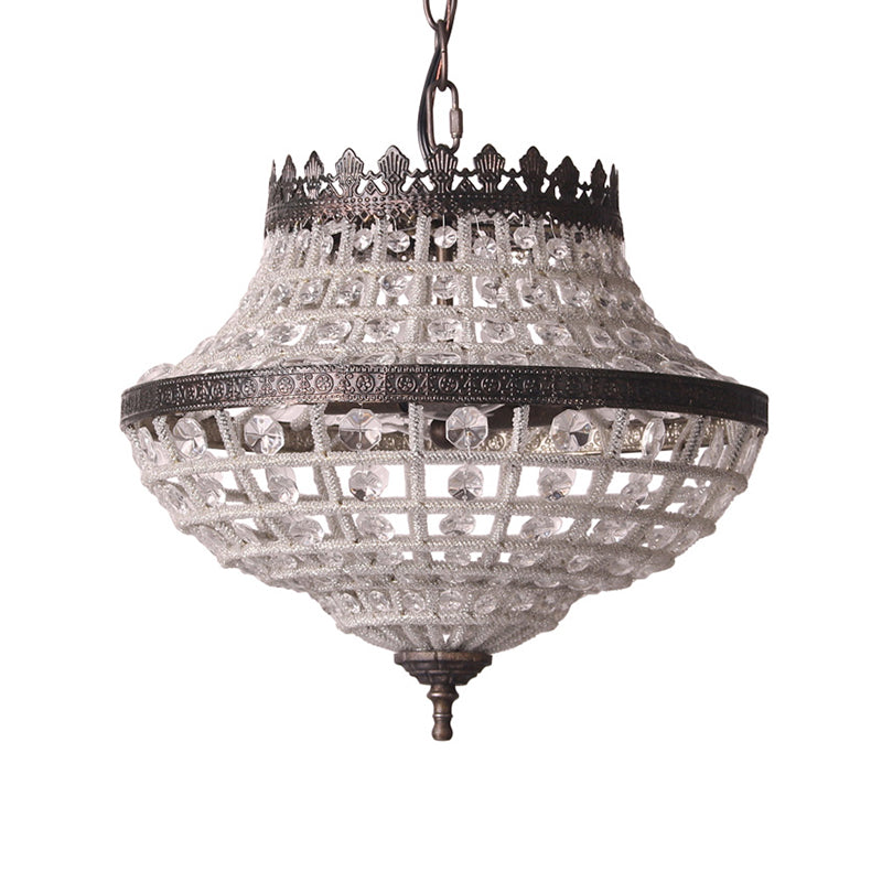 2 Lights Urn Hanging Ceiling Light Vintage Clear Crystal Pendant Lamp in Antique Bronze for Bedroom