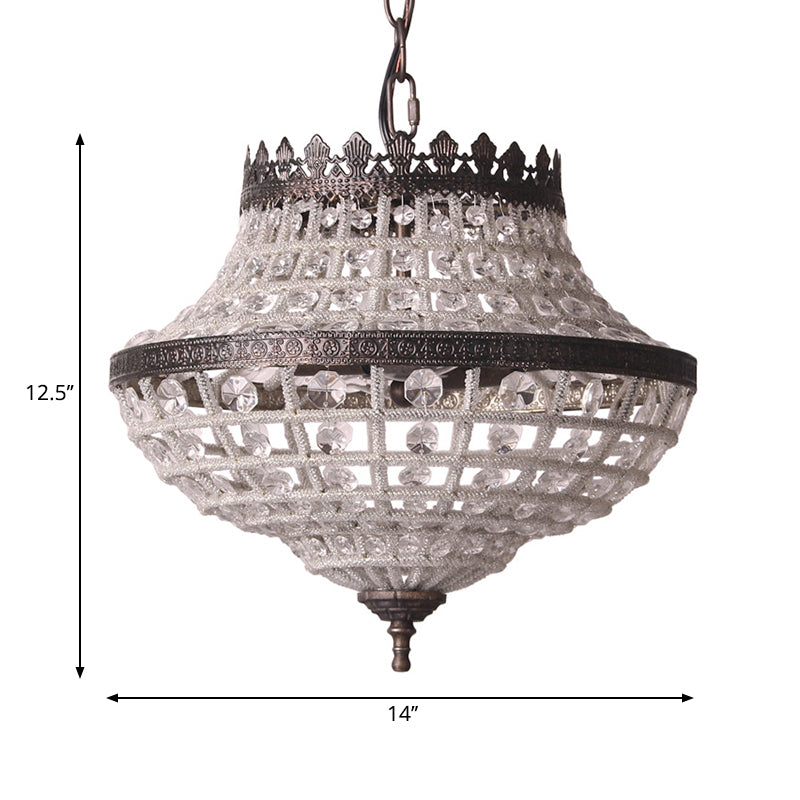 2 Lights Urn Hanging Ceiling Light Vintage Clear Crystal Pendant Lamp in Antique Bronze for Bedroom