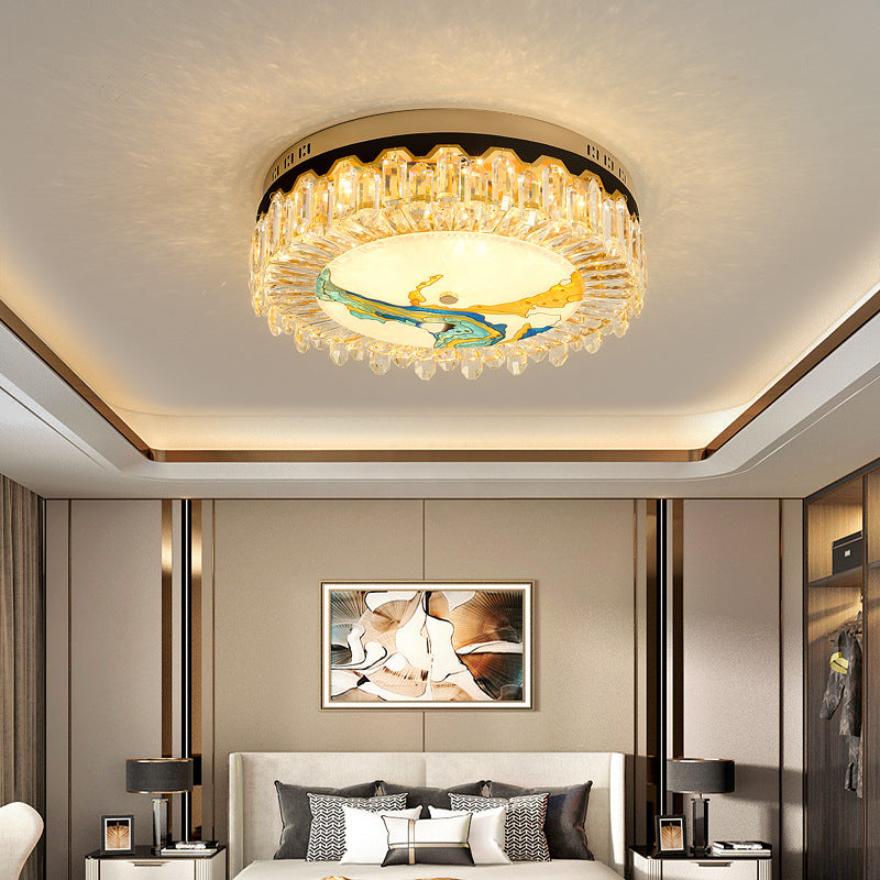 Creative Modern Drum Flush Mount Lamp Crystal Block Bedroom LED Ceiling Light in Brass
