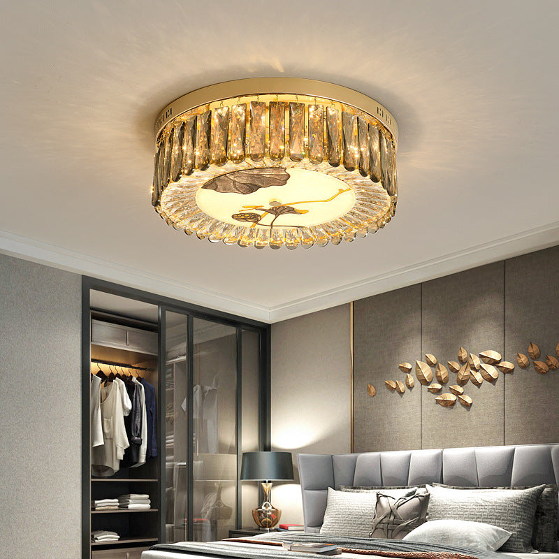 Creative Modern Drum Flush Mount Lamp Crystal Block Bedroom LED Ceiling Light in Brass