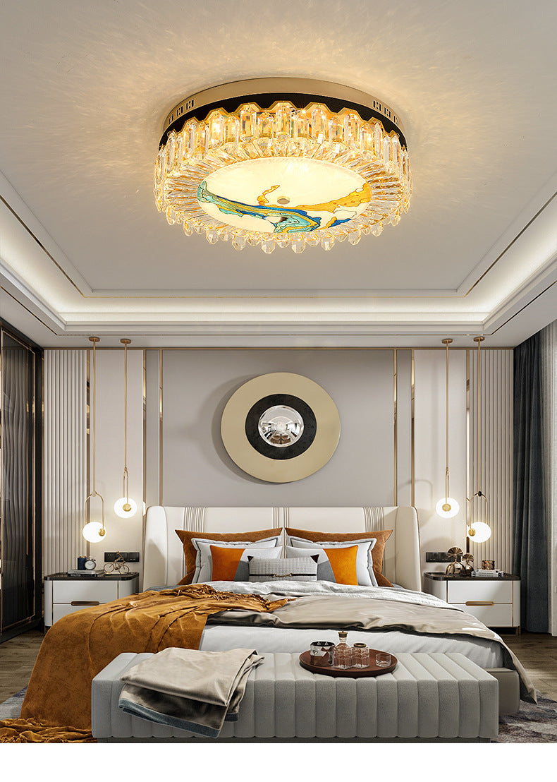 Creative Modern Drum Flush Mount Lamp Crystal Block Bedroom LED Ceiling Light in Brass