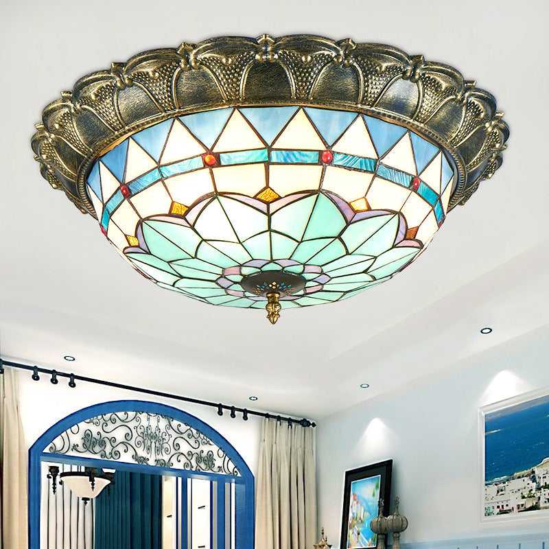 LED Ceiling Mounted Light Baroque Dome Shaped Stained Glass Flush Light in Bronze