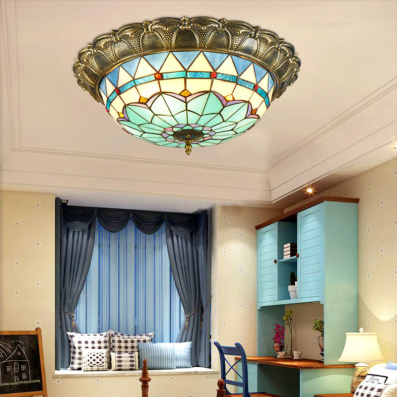 LED Ceiling Mounted Light Baroque Dome Shaped Stained Glass Flush Light in Bronze
