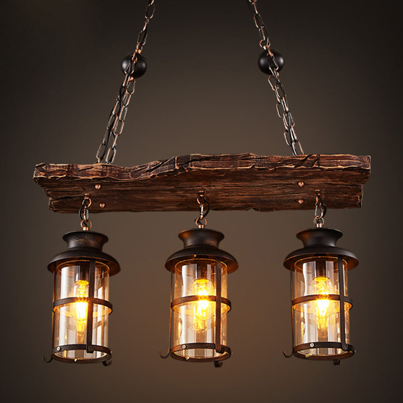 Rectangle Wood Chandelier Pendant Light Industrial Bar Ceiling Hanging Light Fixture in Black