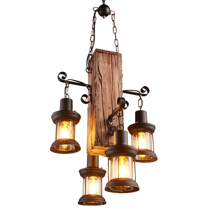 Cuboid Restaurant Chandelier Light Fixture Coastal Wood Beige Ceiling Hanging Light Fixture