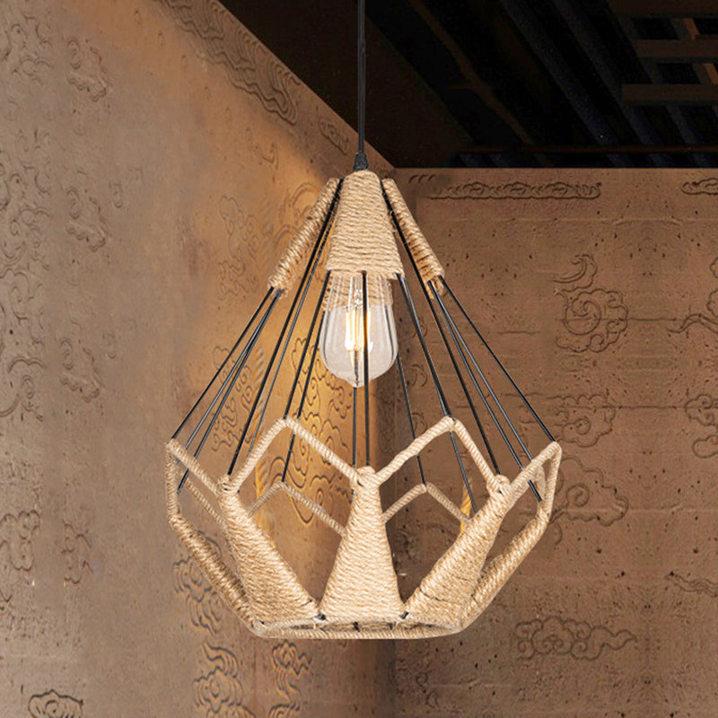 Pyramid Cage Rope Pendant Lighting Industrial Coffee Shop Hanging Pendant Light in Beige