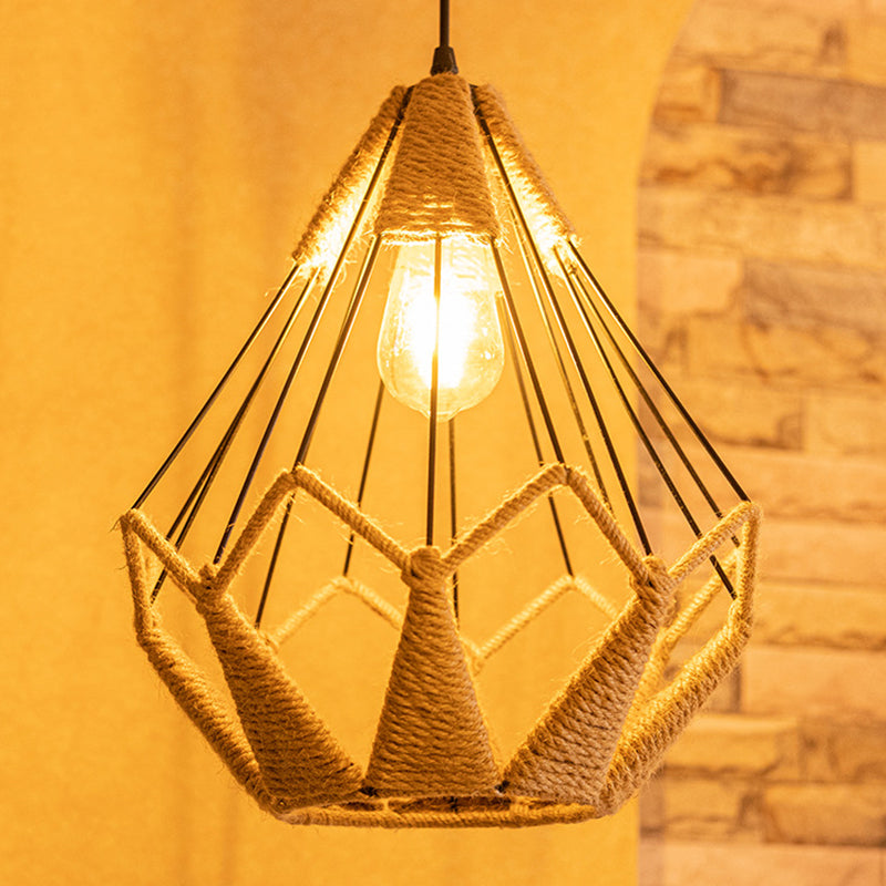 Pyramid Cage Rope Pendant Lighting Industrial Coffee Shop Hanging Pendant Light in Beige