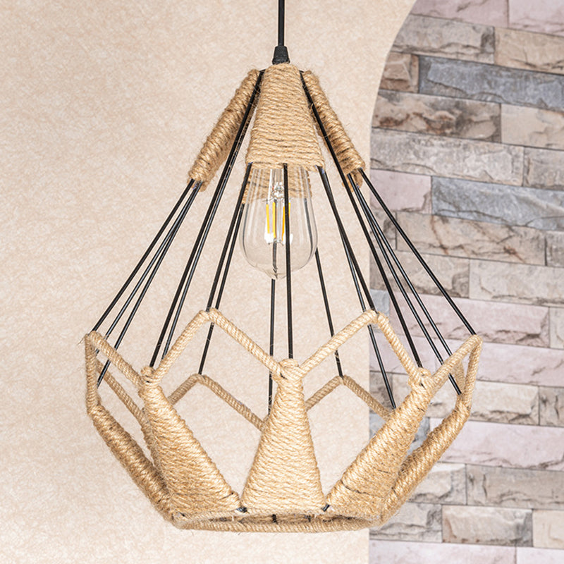Pyramid Cage Rope Pendant Lighting Industrial Coffee Shop Hanging Pendant Light in Beige