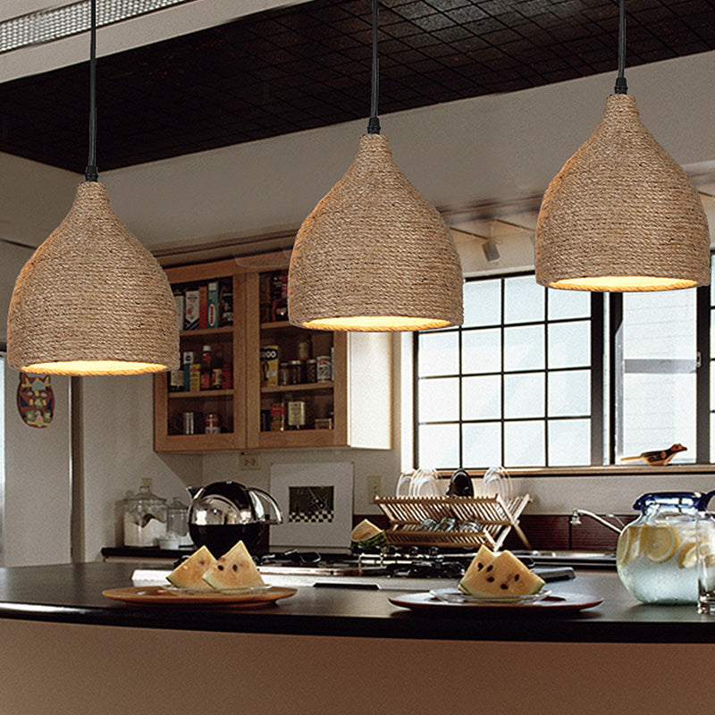 Cup-Shaped Dinning Room Hanging Light Fixture Industrial Rope Beige Pendant Lighting Fixture